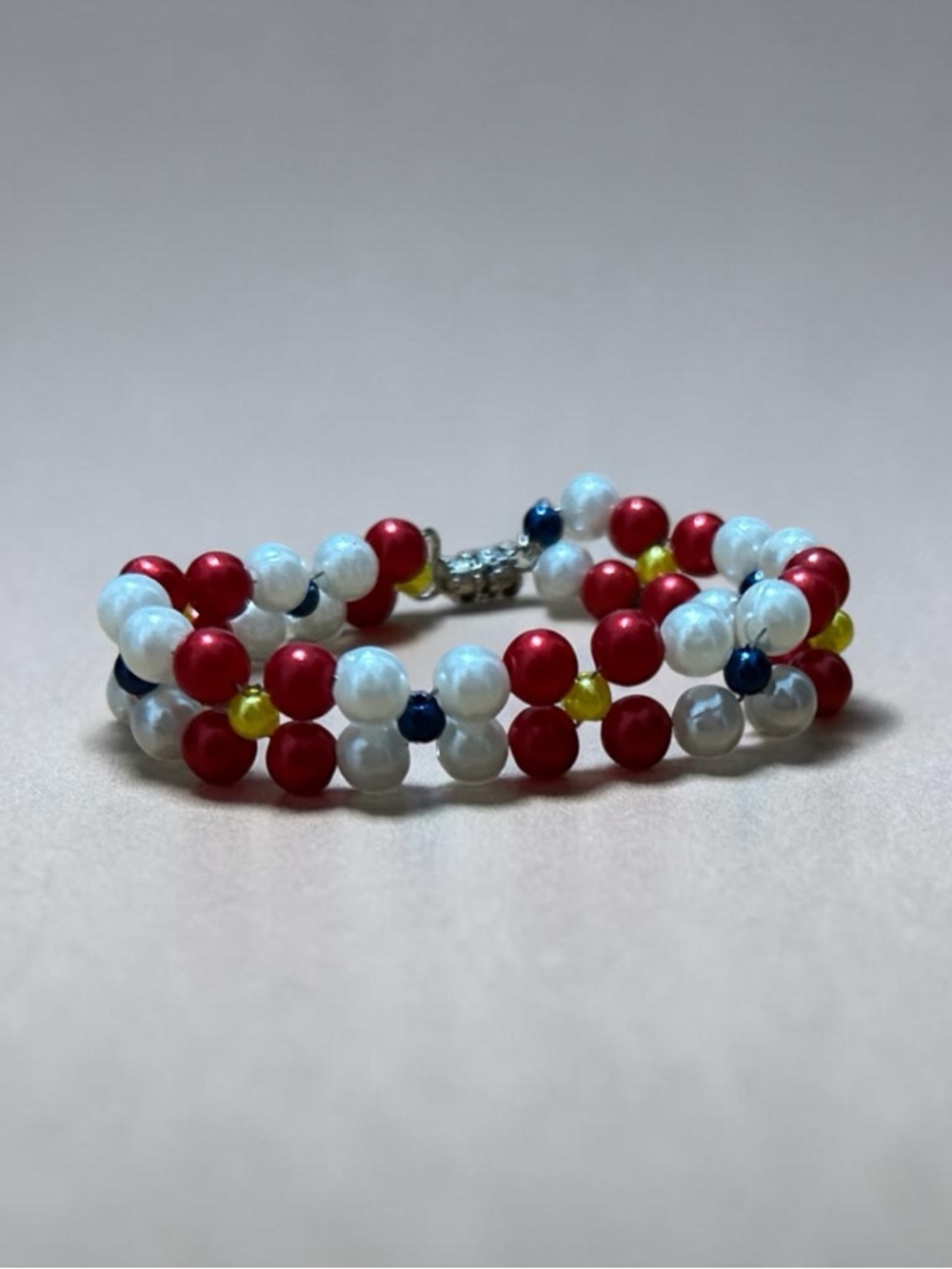 Handmade Red & White Beaded Flower Bracelet